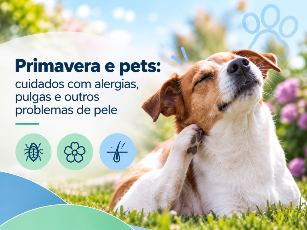 Cão e gato representando cuidados com alergias, pulgas e problemas de pele na primavera