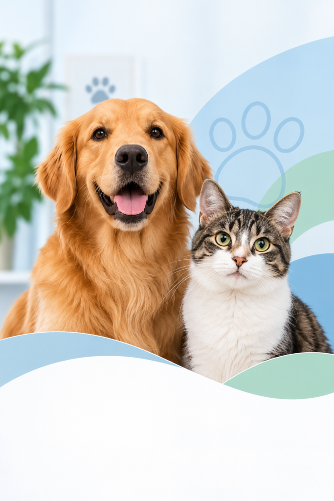 Cão e gato representando atendimento veterinário, prevenção e diagnóstico na Amigo Fiel