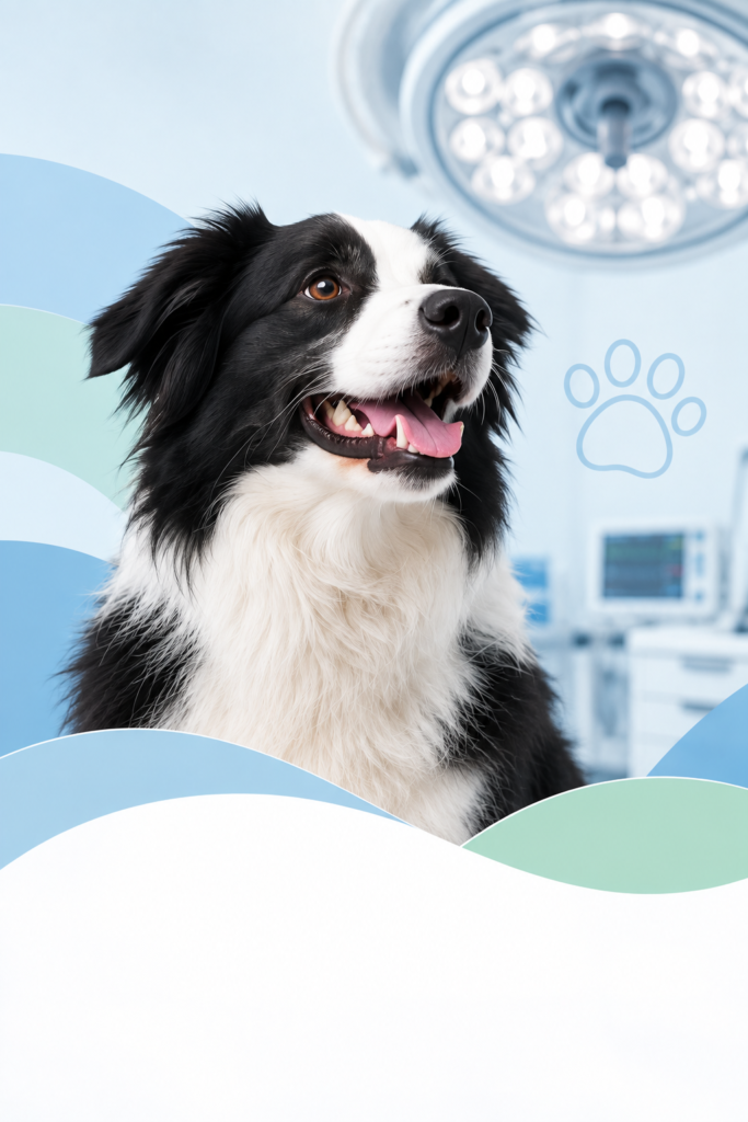 Cão em ambiente veterinário representando internação, cirurgias e atendimentos de urgência.