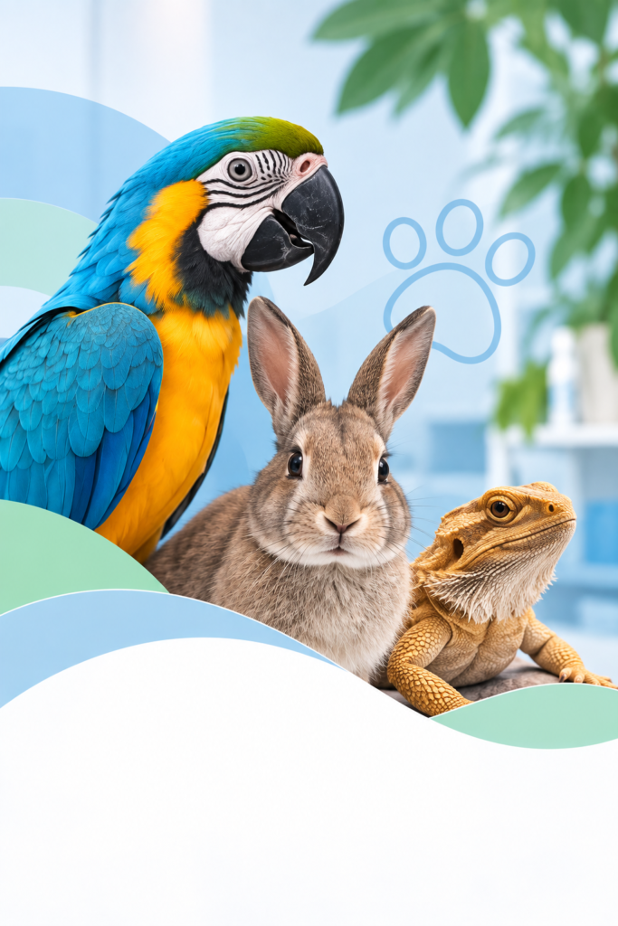 Arara, coelho e réptil representando atendimento veterinário a animais silvestres e não convencionais