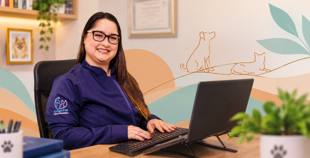 Dra. Carolina Dala Corte, conhecida como Dra. Carol, na Clínica Veterinária Amigo Fiel